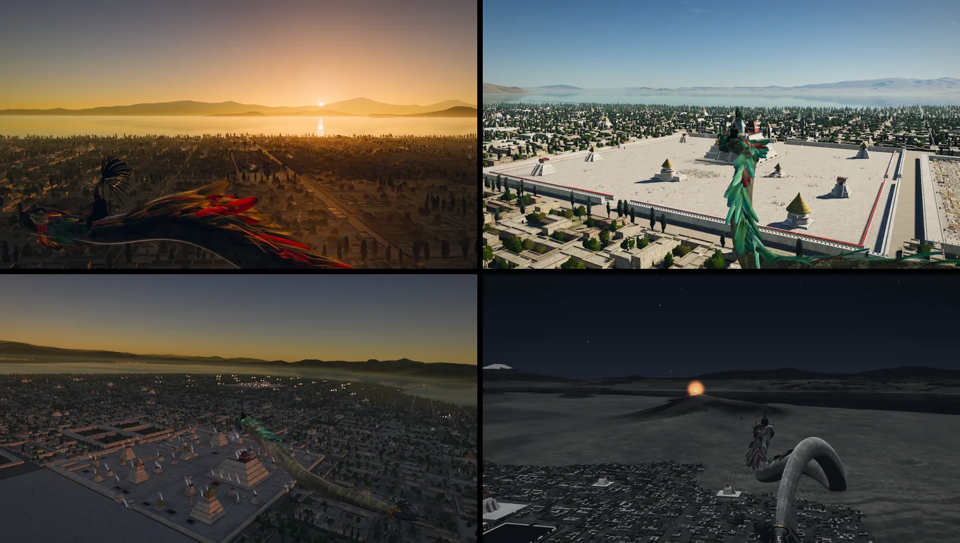 Four frames of the loop: sunrise over the lake, the sacred precinct in the morning, the city at dusk as fires go out, and the New Fire on the hill at night