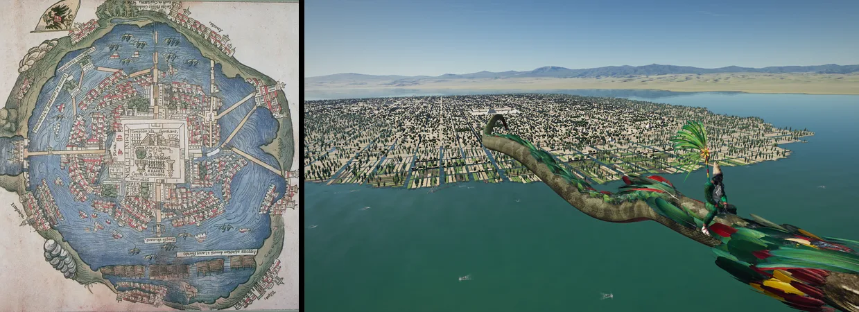 The 1524 Nuremberg map of Tenochtitlan next to a frame of the island from the demo
