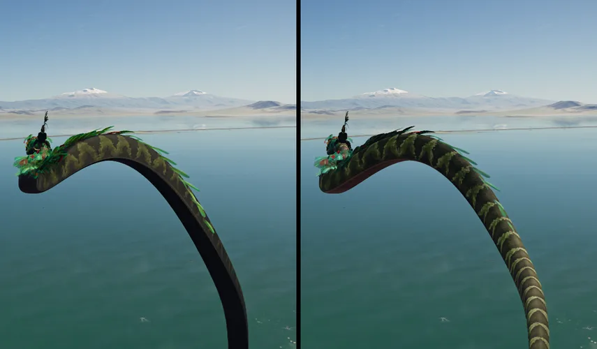 The same frame before and after the fix: on the left the inside-out body reads as a flat black tube, on the right the scaled flank is lit