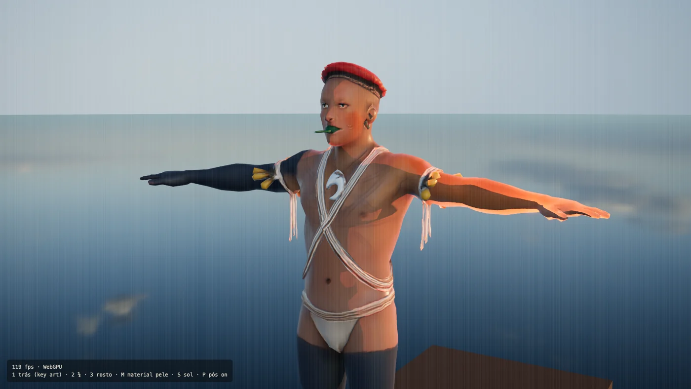 A MakeHuman warrior in lookdev with body paint, cords, feather ornaments and the tembetá
