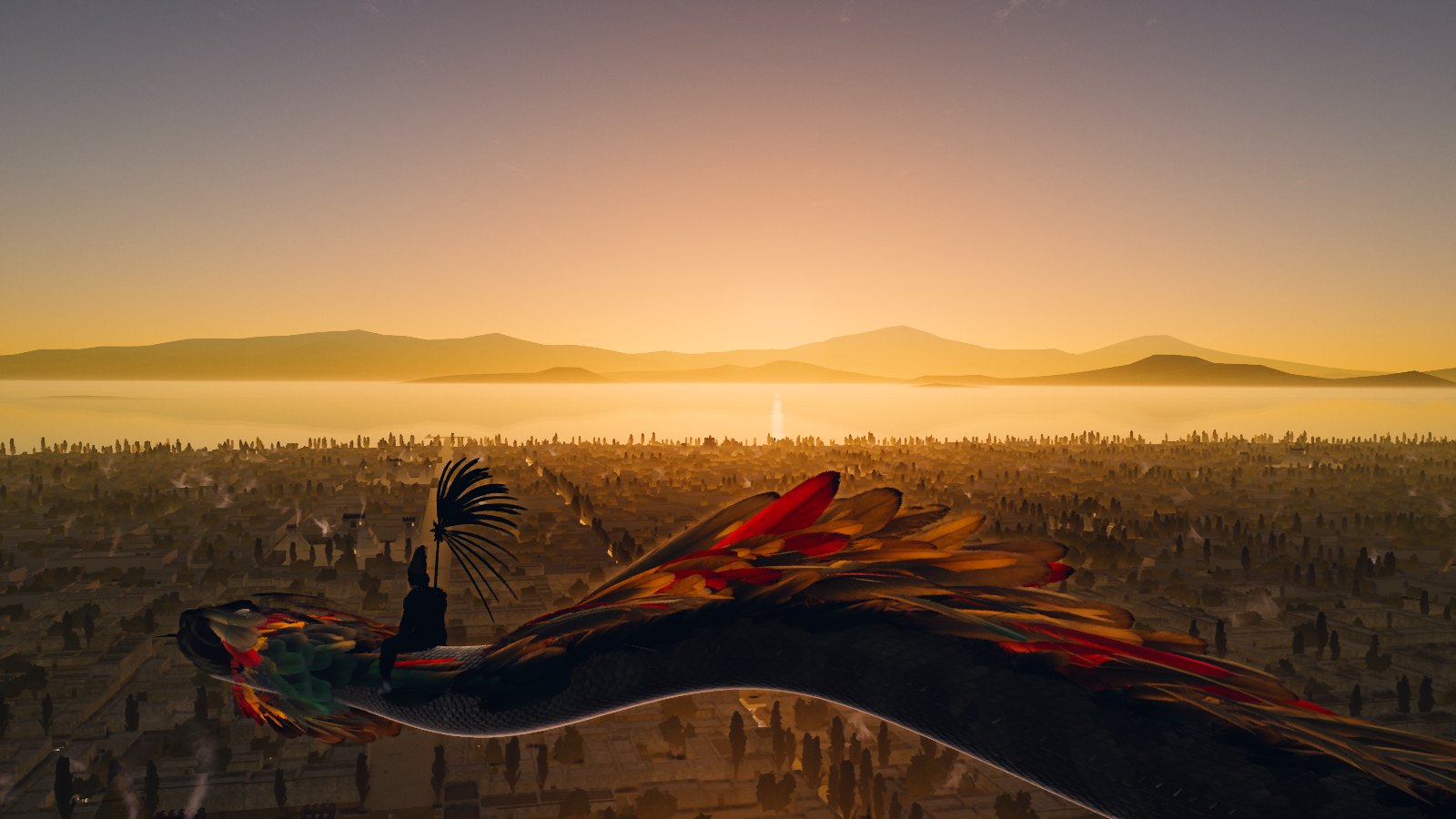 Dawn over Tenochtitlan: a rider on a feathered serpent glides over the island city's flat roofs toward the lake, the sun rising over the mountains.